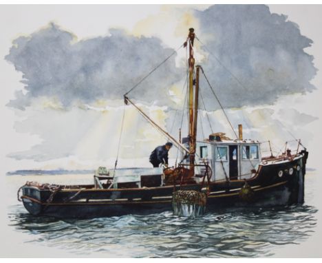 Brian Sanders (British, B. 1937) "Oyster Dredger" Original Watercolor on paper painting. Provenance: Collection of James A. H
