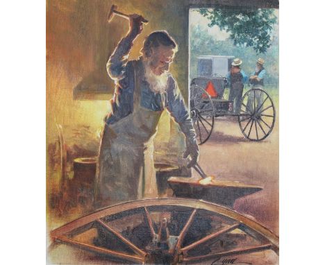Dennis Lyall (American, B. 1946) "Amish Blacksmith" Signed lower right. Oil on Canvas painting. Provenance: Collection of Jam