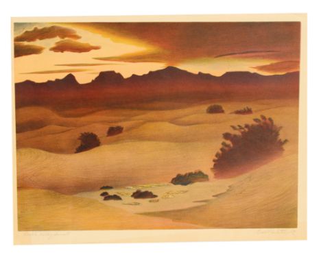 Buell Whitehead (FL, 1919 - 1993) "Death Valley Sunset" Colored Lithograph. Pencil signed and dated ('46) lower right and tit