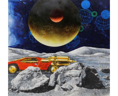 Chris Calle (American, B. 1961) "Futuristic Automobile" Signed lower right. Original Mixed Media on Illustration Board painti