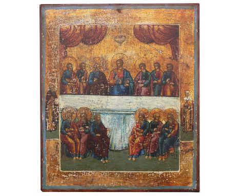 Exhibited 19th C. Russian Icon, "The Mystic Supper". Tempera, Oil, Silver/Wood. In the West, this is known as the Last Supper