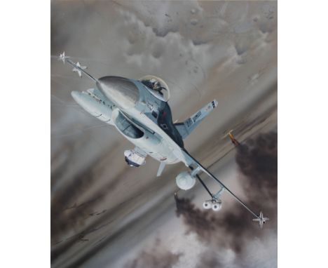 Steve Ferguson (B. 1946) "General Dynamics F16C Fighting Airplane" Signed lower left. Original Mixed Media painting on Illust