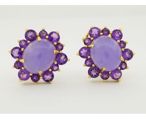 14K Gold Lavender Jade &amp; Amethyst Earrings. Pair of Cabochon Lavender Jade center stones surrounded by round cut Amethyst