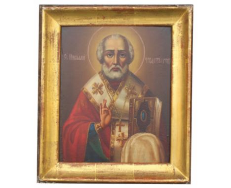 Exhibited Antique Russian Icon, "St. Nicholas". Oil on wood. Icons of St. Nicholas were immensely popular in Russia. He was n