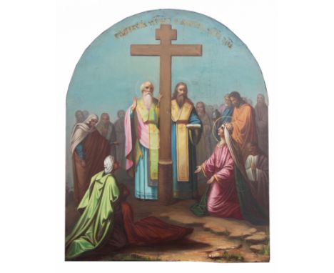 Exhibited 19th C. "Presentation of the True Cross" Russian Icon. Oil on wood. This icon is based on a ceremony that is believ