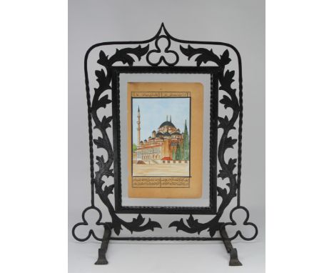 Framed Indian Mughal Manuscript Double-Sided Painting. Overall dimensions: 19.5 x 13.5 in (frame).