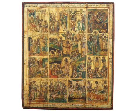 Exhibited Russian Icon,"The Resurrection and Major Festivals" 19th C. Tempera, silver/wood. The major festivals celebrated in