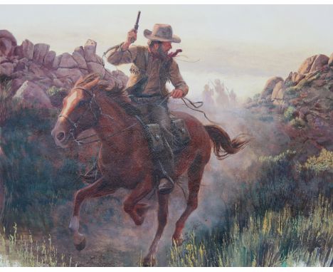 Morton Kunstler (American, B. 1931) "Pony Express" Signed and dated lower right. Original acrylic on Illustration Board. Prov