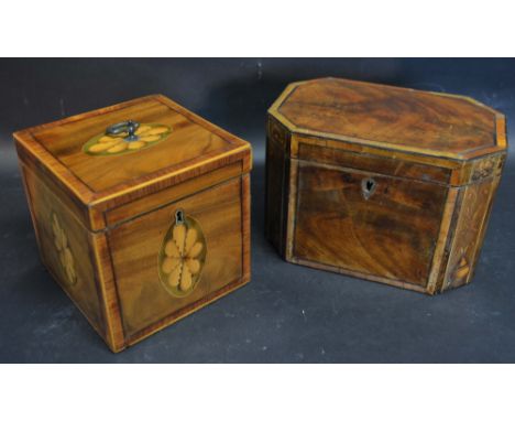 A 19th Century Mahogany Marquetry Inlaid Tea Caddy Of Square Form, the hinged cover enclosing a fitted interior together with