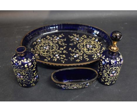 A 19th Century Blue Glass and Coloured Enamel Dressing Table Set comprising of oval tray, two jars and a small dish