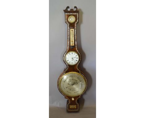 A 19th Century Rosewood and Mother of Pearl Inlaid Large Wheel Barometer Clock Thermometer by Silvani and Company, Brighton, 