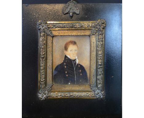 An Early 19th Century Portrait Miniature 'Study of an Officer' within a gilded and ebonised frame, 17 x 15 cms