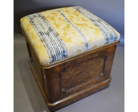 A Victorian Burr Walnut Square Stool with moulded panels above a plinth (converted commode)