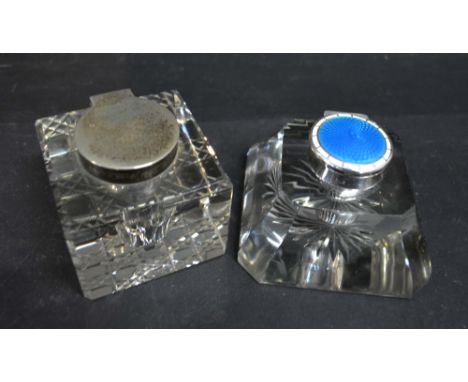 A Birmingham Silver and Blue Enamel Mounted Glass Inkwell, together with another London silver mounted glass inkwell