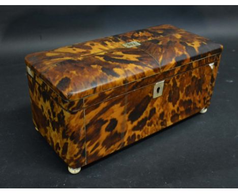 An Early 19th Century Tortoiseshell Tea Caddy, the hinged cover enclosing a two division interior raised upon low ivory feet,
