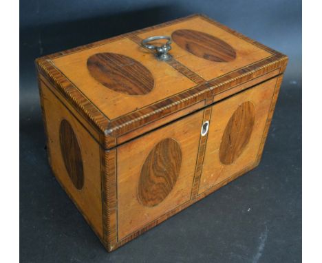 A George III Satinwood and Rosewood Two Division Tea Caddy, the hinged cover enclosing a fitted interior with inlaid boxes