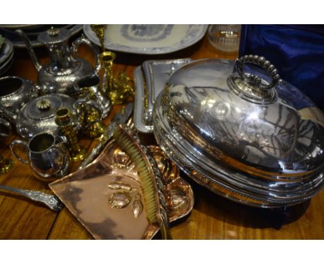 A Silver Plated Four Piece Tea Service together with a collection of other metal wares to include an entree dish and cover, a