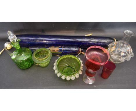 A 19th Century Large Blue Glass Rolling Pin together with another similar and a small collection of cranberry and other glass