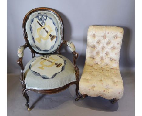 A French Mahogany Fauteuil with a tapestry back and seat with scroll arms raised upon cabriole legs with scroll feet, togethe
