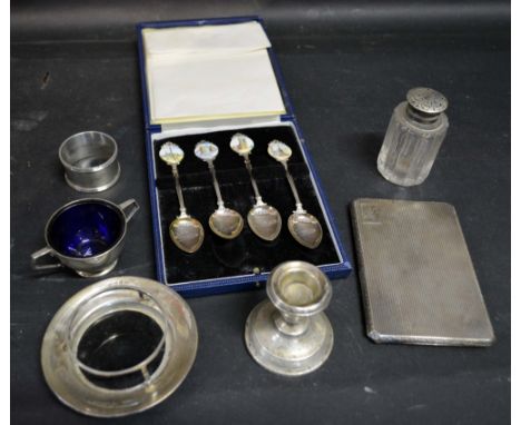 A Set of Four Birmingham Silver and Enamel Commemorative Spoons within fitted case together with a silver cigarette case and 