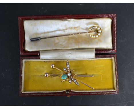 A Gold Brooch in the Form of a Bee set pearls together with a similar stick pin in the form of a horse shoe set with pearls