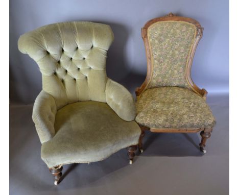 A 19th Century Button Upholstered Tub Shape Chair together with a Victorian walnut drawing room chair