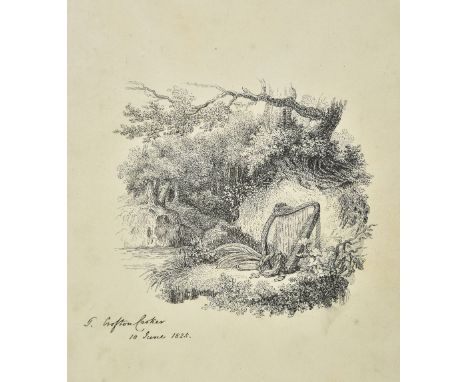 *Croker (Thomas Crofton, 1798-1854). Wooded river bank scene with Irish harp, book &amp; wreath, 10 June 1825, pen &amp; ink 