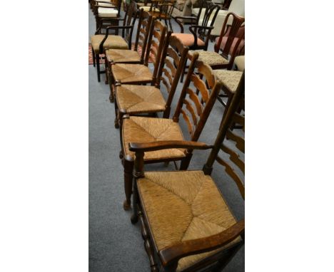Harlequin set of five ash and rush seated ladder back chairs, including one carver 