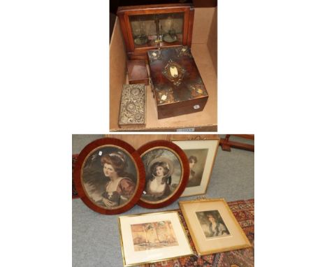 Cased scales, 19th century brass mounted box etc, together with a print, after William Russell Flint, two prints after George