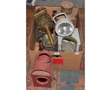 Three aspect railway hand lamp, with ''Broad Arrow'' mark and dated 1945, together with two period and one modern carriage la