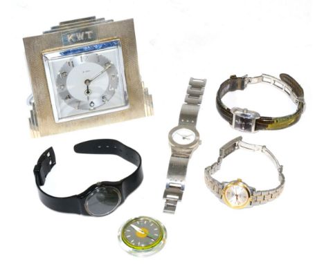 A Bravingtons Ltd, London desk timepiece, two Tissot lady's wristwatches, two Swatch watches and a Storm watch 