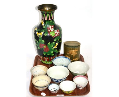 A collection of Chinese tea bowls, a straw work tea caddy and a large cloisonne vase 