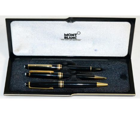 A cased Mont Blanc fountain pen the nib stamped 14K with matching pencil (cased) together with a Mont Blanc ballpoint pen (3)