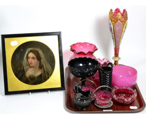 A 19th century Bohemian glass vase together with a 19th century portrait of a lady in a veil, oil on board, framed; and a gro