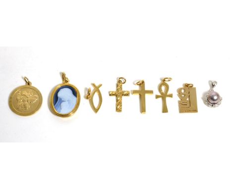 Three 9 carat gold cross pendants; four other 9 carat gold pendants; and an 18 carat white gold cultured pearl and diamond pe