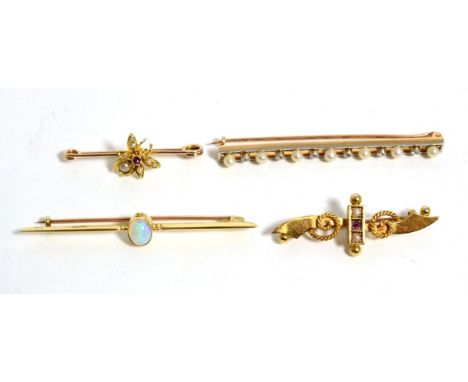 An early 20th century pearl and diamond bar brooch, total estimated diamond weight 0.15 carat approximately, stamped '15CT' l