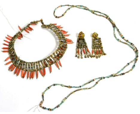 An Egyptian revival coral and ceramic bead collet necklace and clip earring suite, the stiff collet formed of rows of vari-co