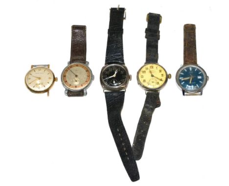 A Zenith wristwatch with case stamped 0.925, cushion shaped wristwatch with black enamel dial (case back missing), 9ct gold S