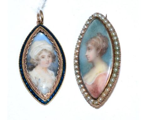 English school (19th century), a miniature bust portrait of a girl, wearing a white head scarf and dress, in a gilt navette s