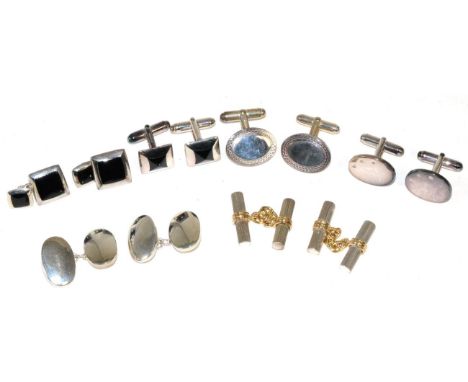 A diamond set pair of silver cufflinks, with hinged bars; together with five further pairs (6)Gross weight 89.29g 