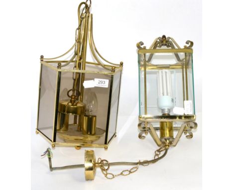 A five sided glass and brass lantern ceiling light together with a four sided example (2)