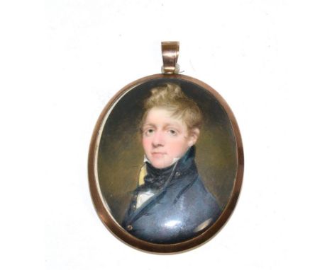 Manner of John Commerford (Irish, 1770-1832), a miniature bust portrait of a midshipman, wearing a dark blue coat, in gilt fr