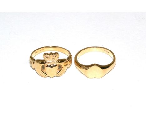 A 9 carat gold Claddagh ring, finger size T and a 9 carat gold heart shaped signet ring, finger size S (2)Gross weight 10.08g