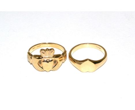 A 9 carat gold Claddagh ring, finger size T and a 9 carat gold heart shaped signet ring, finger size S (2)Gross weight 10.08g