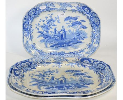 Two graduated Spode pearlware platters, circa 1820 printed in underglaze blue with the Lady at the Well pattern, 48cm and 43c