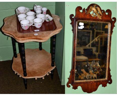 A Royal Crown Derby Pinxton Roses tea service and a part dinner service, a gypsy table with velvet covers and a fret work mir