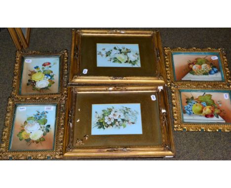 W Rayworth (20th century) a group of six watercolours on ceramic or glass, four still lifes of flowers and two still lifes of