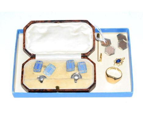 A pair of 9 carat two colour gold double cufflinks, octagonal engine turned plaques in rose and white gold; a pair of blue en