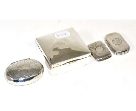 Two silver snuff boxes, a silver vesta case and a silver cigarette box 