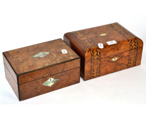 A Victorian Tunbridge ware walnut box and a mother of pearl inlaid burr walnut box of similar date (2) 
